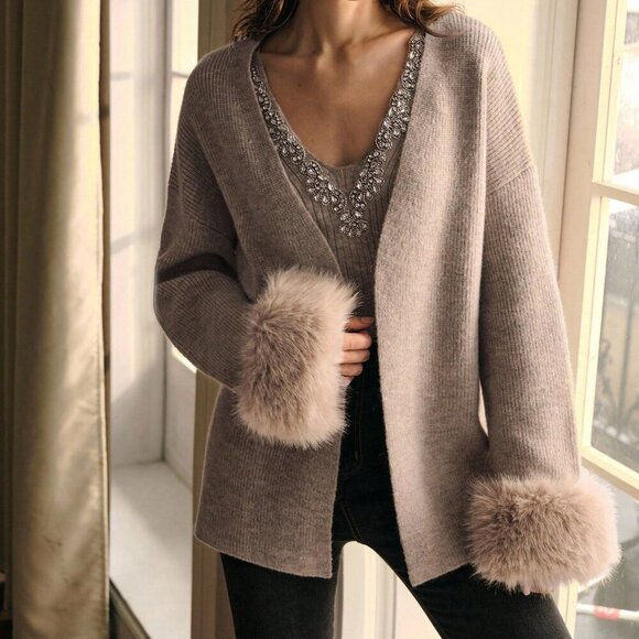 Khaki Casual Women's Rhinestone Knit Top with Faux Fur Trim - Picture 3 of 6